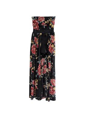 Iris Women's Strapless Floral Maxi Romper Dress, Black Red Pink, Size Small